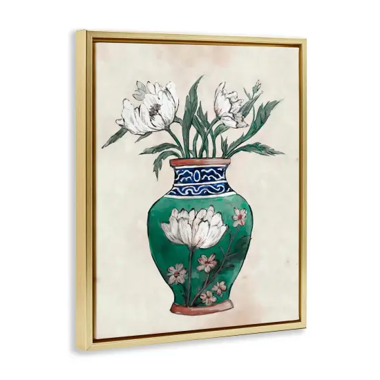 Stupell Industries Floral Oriental Vase Framed Floater Canvas Wall Art Gold Floater Frame {3}