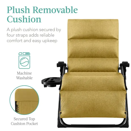 Best Choice Products Oversized Zero Gravity Chair, Folding Recliner w/ Removable Cushion, Side Tray Sunflower Yellow {2}