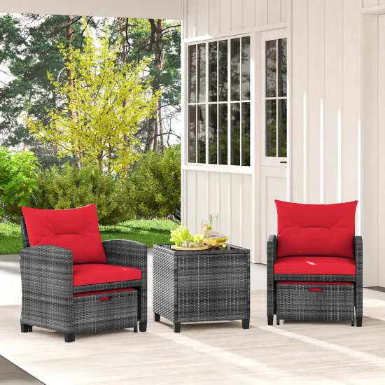 Costway 5 Piece Patio Rattan Furniture with 2 Ottomans & Tempered Glass Coffee Table Black/Grey/Navy/Beige/Red {4}