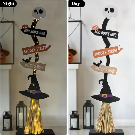 Lighted Wooden Witch&rsquo;s Broom for Indoor Outdoor Porch Yard Decor {2}