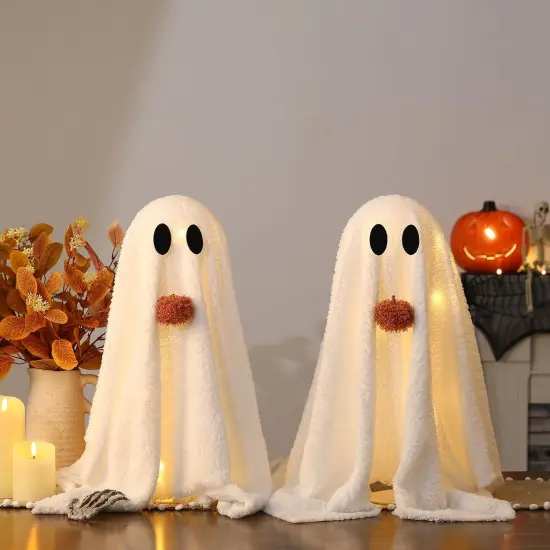 -2 Pack Light-Up Sherpa Ghosts with Pumpkin Halloween Decor {6}