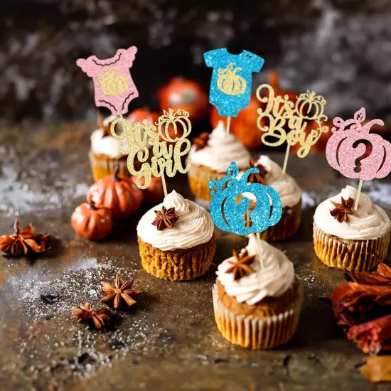 24Pcs Little Pumpkin Cupcake Toppers Glitter Pumpkin Gender Reveal {5}