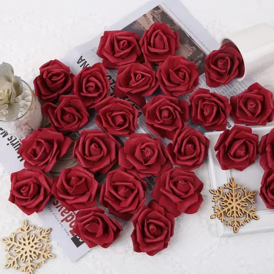 100pcs Burgundy Fake Roses Artificial Flower Foam Rose Heads Bouquets {3}