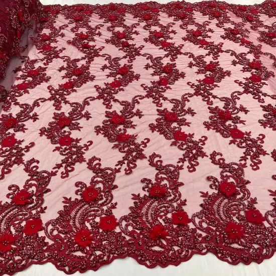 1 Yard Sage 3D Beaded Floral Embroidered Lace Fabric on Polyester Mesh, 52&rdquo; Wide Wine {1}