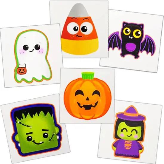 4E's Novelty 144 Pack Halloween Temporary Tattoos for Kids &ndash; 2" Waterproof Non-Toxic Tattoos Bulk, 6 Cute Spooky Designs, Individually Wrapped Party Favors, Trick or Treat Goodie Bag Fillers {1}