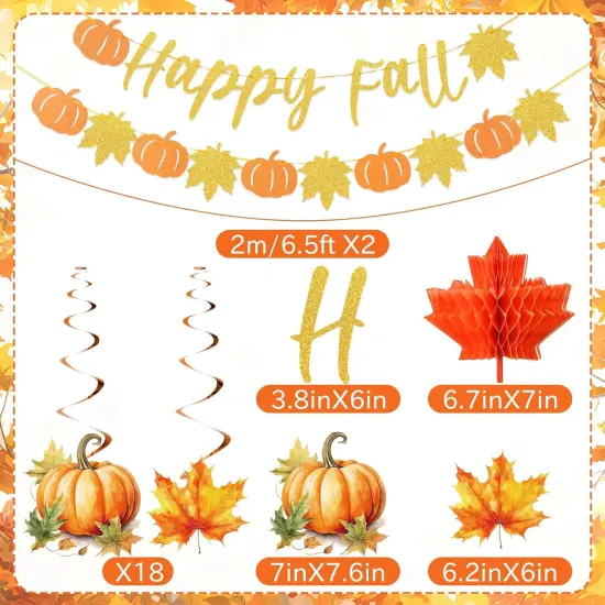 Happy Fall Party Decorations with Pre-Strung Pumpkin Banners and Hanging Swirls - Orange {2}