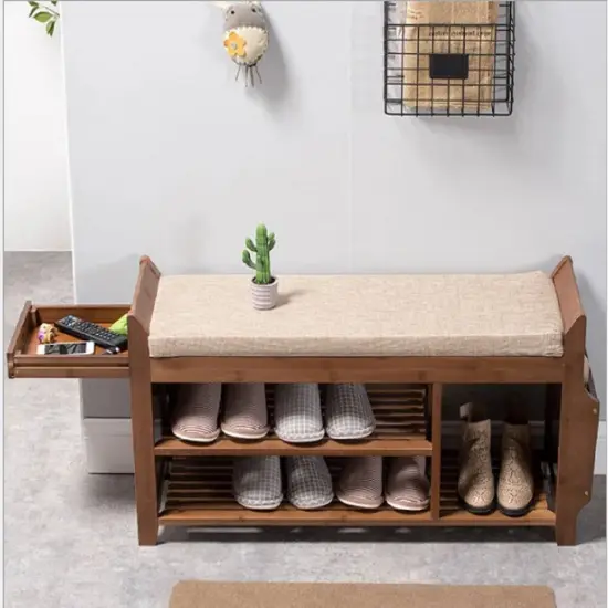 Brown Solid Wood Shoe Rack Bench with Cushioned Seat, Drawer and Shelves {5}