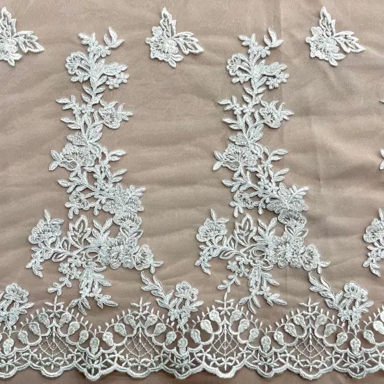 1 Yard Elegant Beaded and Corded Bridal Lace Fabric Embroidered on 100% Polyester Net Mesh 52 inch Width Silver {4}