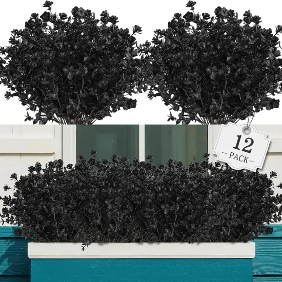 Black Artificial Flowers, 12 Bundles &ndash; No-Fade Faux Plants for Halloween, Outdoor & Indoor Decoration {1}