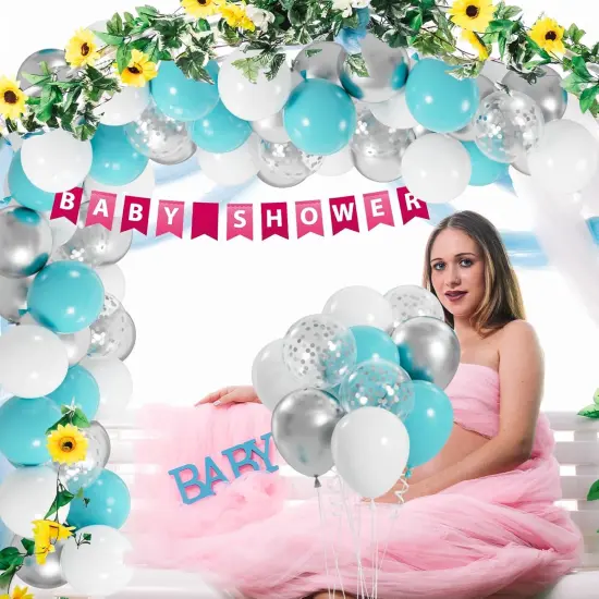 100pcs Teal Blue White Silver Confetti Latex Balloons {4}