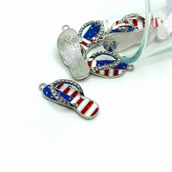 Red White and Blue Enamel Flip Flop Sandal 3D Charms with Rhinestones, 33x12mm {1}