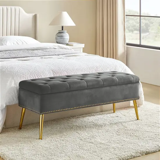 Upholstered Velvet Storage Bench with Tufted Seat and Gold Metal Legs Grey {7}