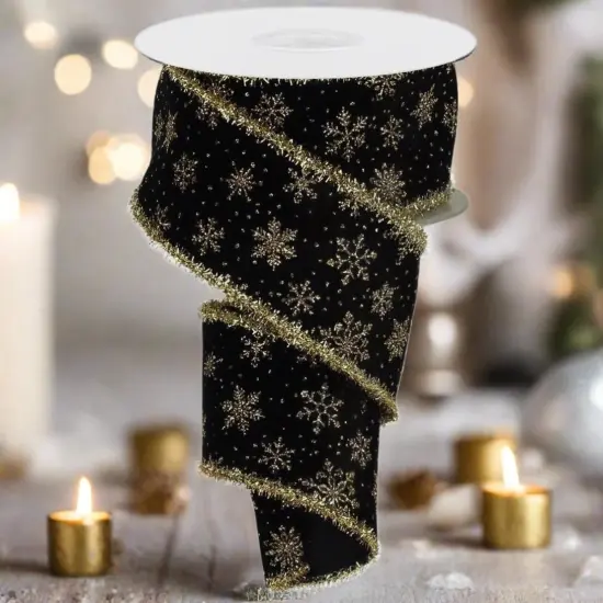 2.5" Glitter Snowflakes Tinsel Ribbon: Gold/Black (10 Yards) {4}