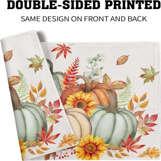 Set of 4 Watercolor Pumpkins with Maple Leaves Placemats - 12 x 18 Inch {5}