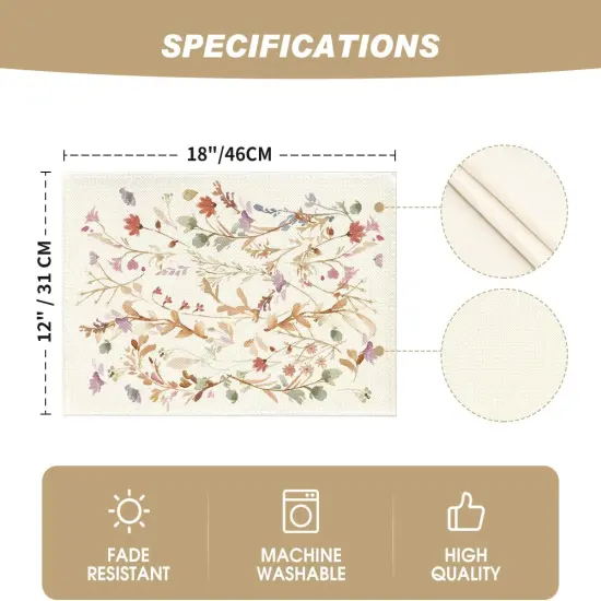 Set of 4 Floral Leaves Fall Placemats - 12x18 Inch (Brown) {5}