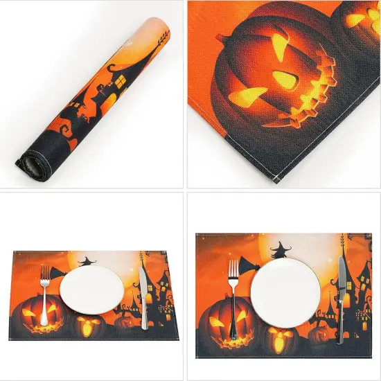 4 Pack Halloween Placemats Set Witch Pumpkin Washable Table Place Mats(Multicolor) {2}