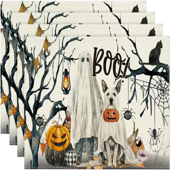 Set of 4 Ghost Pumpkins Halloween Placemats - 12x18 Inch (Black/Beige) {1}