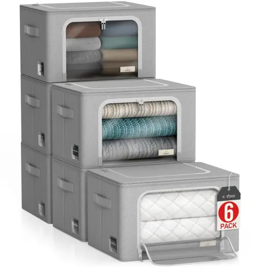 Sorbus Storage Bins 6 Pack- Foldable Stackable Container Organizer Set with Large Window & Carry Handles Gray {1}