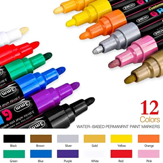 Set of 12 Acrylic Paint Pens Paint Markers for Rocks, Craft, Ceramic, Glass, Wood, Fabric, and Canvas Art Crafting Supplies {1}