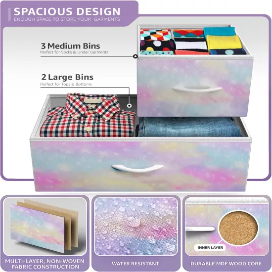 Sorbus Dresser with 5 Drawers - Storage Chest Organizer Unit with Steel Frame, Wood Top, Easy Pull Fabric Bins - Long Wide TV Stand for Bedroom Furniture, Hallway, Closet & Office Organization Rainbow sparkle {5}