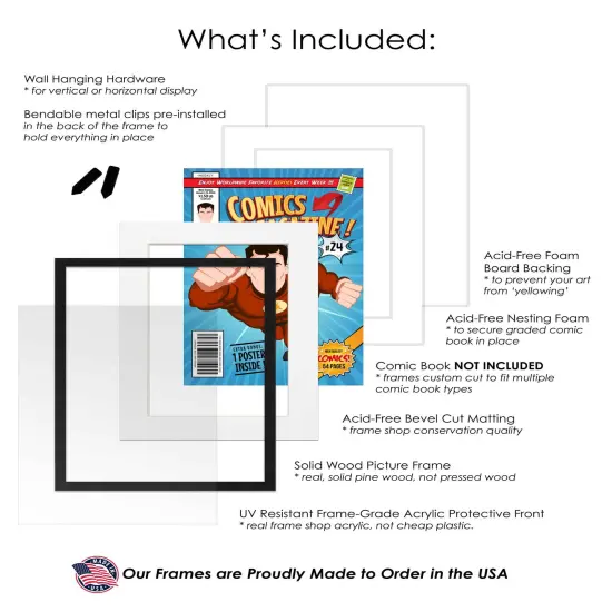 Comic Book Display Frame for Current Era Comic Published After 1985 - Black Wood Comic Frame With White Mat for 6.875x10.5 Comic, 18 Frame Sizes {3}