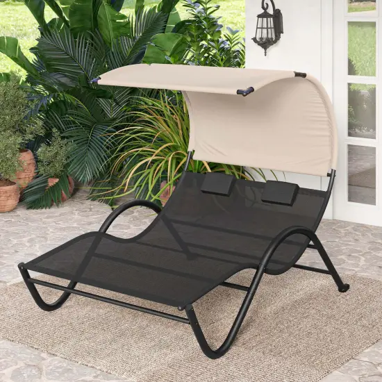 Costway Outdoor Double Chaise Lounge Chair with Sunshade Canopy & Headrest Pillows {4}