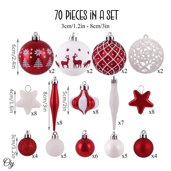Endearing Prominent Red and White Christmas Ornament Set, Bauble Bundle with Candycane Colors and Patterns 70 Pieces {3}