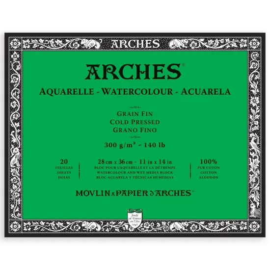 Arches Aquarelle Cold Pressed Watercolor Block 11"X14"- 140lb, 20 Sheets {1}