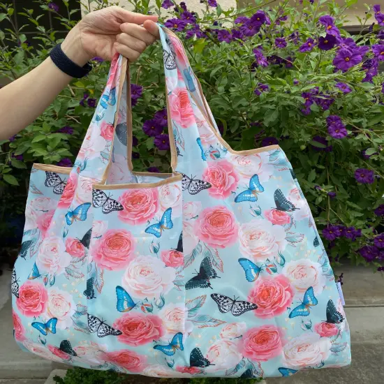 Wrapables Medium Foldable Tote Nylon Reusable Grocery Bag (Set of 2), Rose and Butterfly {6}