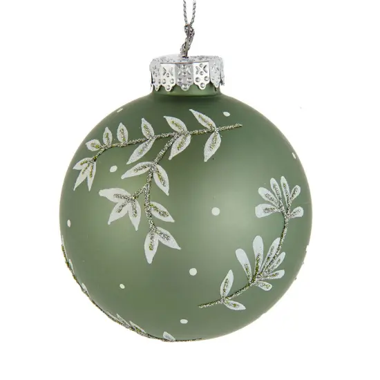 Kurt Adler 80MM Green Leaf Design Ball Ornaments, 6 Piece Set {1}