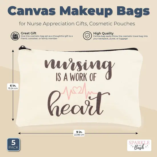 5-Pack Canvas Makeup Bags for Nurse Appreciation Gifts, Cosmetic Pouches (9" x 6") White {2}
