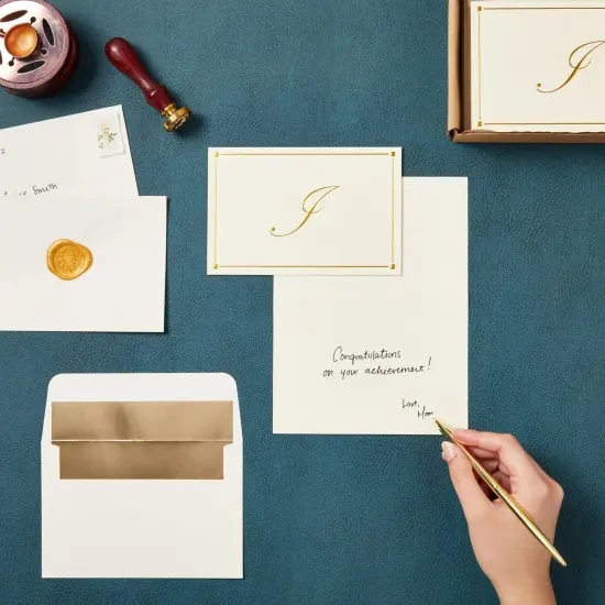 Gold Foil Letter I Personalized Blank Note Cards with Envelopes 4x6, Initial I Monogrammed Stationery Set (Ivory, 24 Pack) White {2}