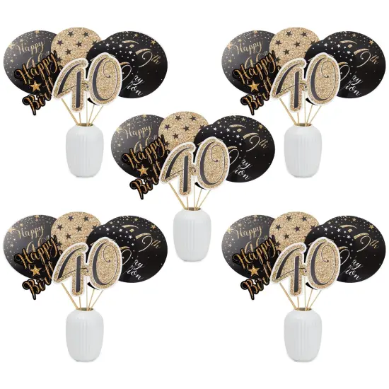 30 Pieces 40th Birthday Decorations, Black and Gold Centerpiece Stick Table Toppers, 4 Designs for Party Supplies {1}
