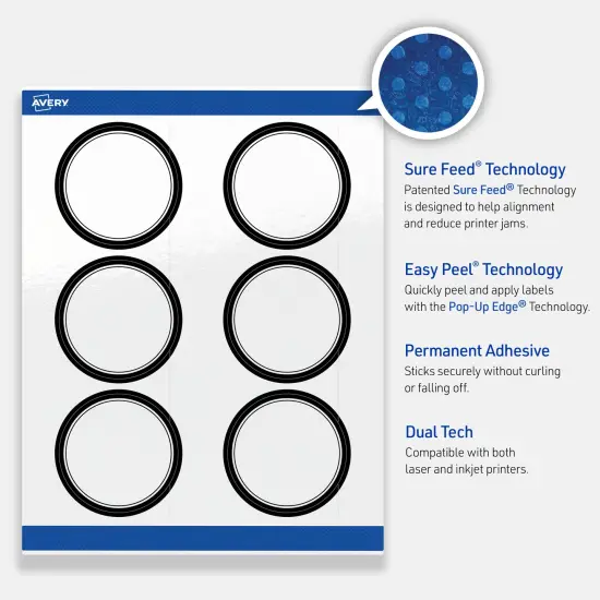 Avery Printable Round Labels, Double Black Border, 3" Diameter, Glossy White Round Labels, Permanent, Laser/Inkjet, 60ct, Great for Product Labels {3}
