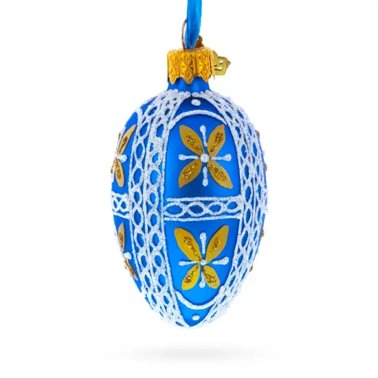 Royal Blue & Gold Floral Lace Mini Glass Egg Ornament 2.9 Inches {4}