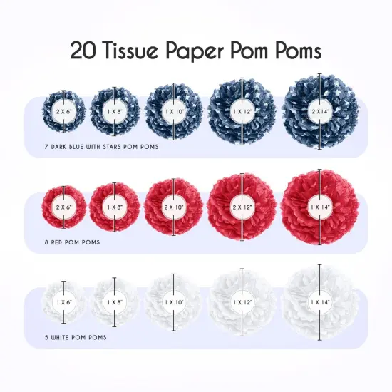 EpiqueOne 20-Piece Tissue Paper Pom Poms Party Decoration Kit - Blue, Red & White | Different Sizes - 6", 8", 10", 12" & 14" | Ideal for Birthdays, Bridal or Baby Showers, Weddings, Graduation & More {3}