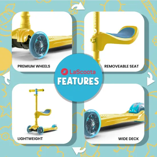 LaScoota 2-in-1 Kids Kick Scooter, Adjustable Height Handlebars and Removable Seat, 3 LED Lighted Wheels and Anti-Slip Deck, for Boys & Girls Aged 3-14 and up to 100 lbs, Gift-Ready Gold Scooter {4}