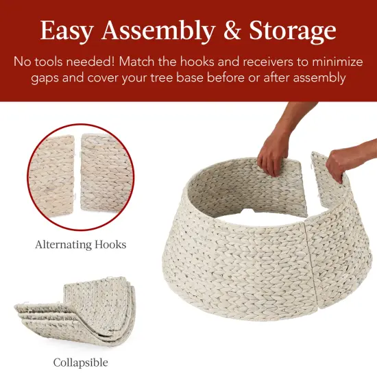 Best Choice Products 24in Woven Hyacinth Christmas Tree Collar, Tree Skirt Accessory w/ Cord Cut-Out Washed White {5}