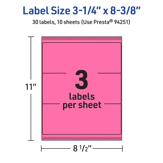 Avery Bright Pink Paper Labels, 3-1/4" x 8-3/8" Rectangle {5}