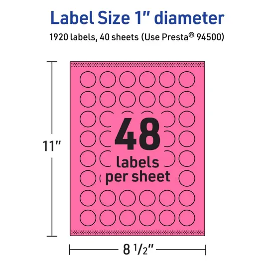 Avery Bright Pink Paper Labels, 1" Diameter Round {5}