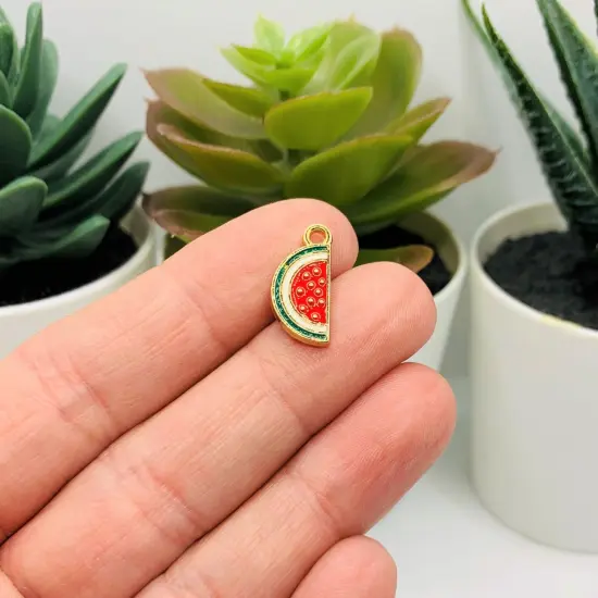 Red and Gold Enamel Watermelon Charms, 17x8mm {2}