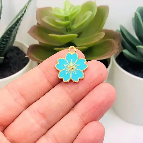 Aqua Blue and Gold Cherry Blossom Flower Charms, 20.5x17.5mm {2}
