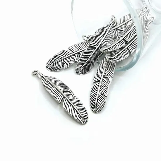 Silver Feather Connector Charms, 45x11mm {1}