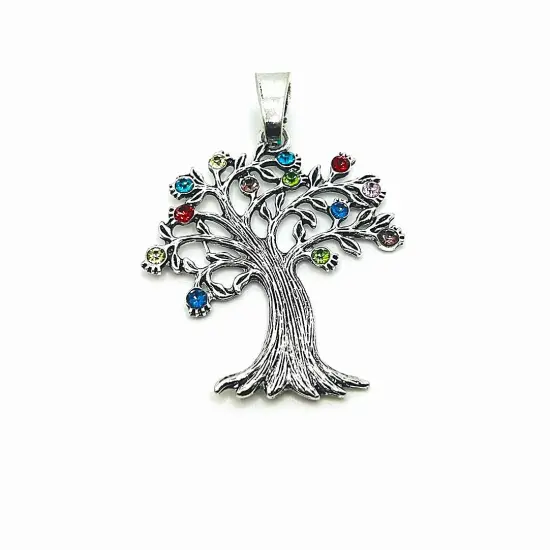Large Silver Tree Pendant with Rhinestones, 69x50mm {1}
