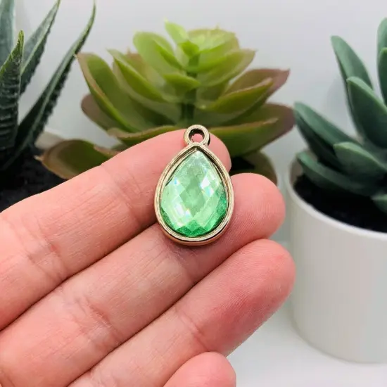 Light Green and Gold Acrylic Teardrop Charms, 25x16mm {2}