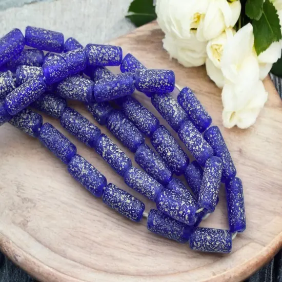 10x25mm Matte Cobalt Blue Pompeii Tube Beads (18" Strand) - Indonesian Glass Beads {3}