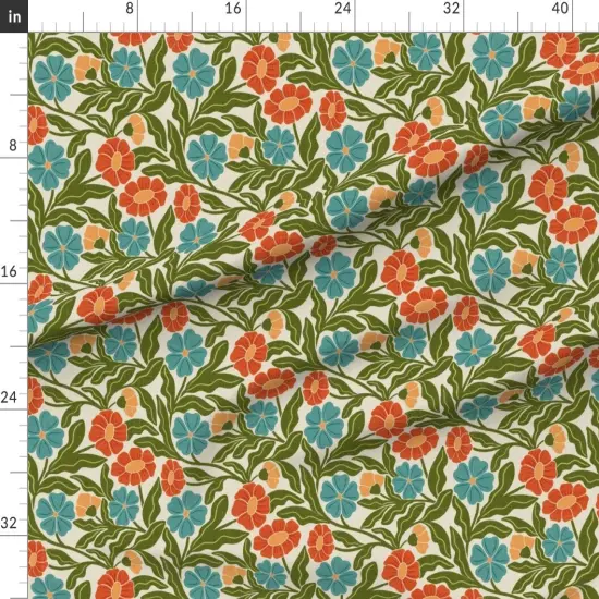 Various Fabrics by the Yard or Fat Quarter Retro Bohemian Botanical Trailing Vine Muted Green Blue Orange Flowers Custom Printed Fabric by Spoonflower {1}