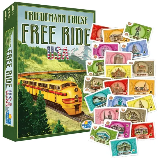 Rio Grande Games: Free Ride USA - Railroad Development Strategy Board Game, 1950s America Themed Train Game, Connect Cities, Ages 14+, 1-5 Players {6}