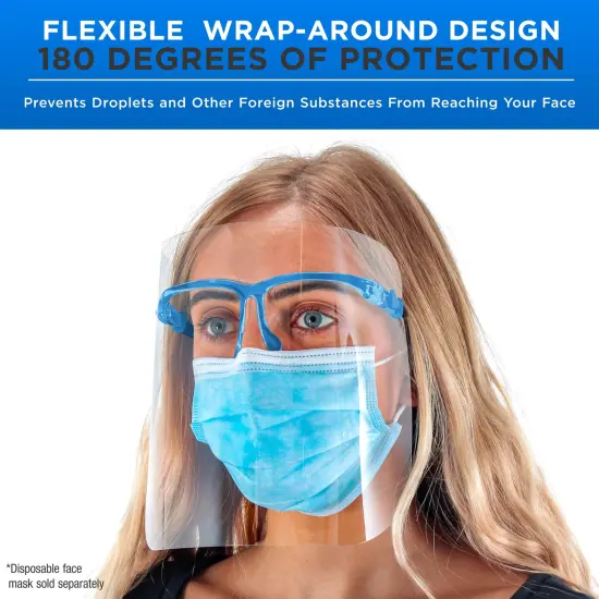 Face Shields with Blue Glasses Frames (20 Packs of 25) - Ultra Clear Protective Full Face Shields to Protect Eyes, Nose, Mouth - Anti-Fog PET Plastic {3}