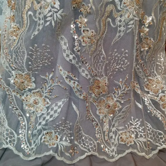 1 Yard Beaded Lace Fabric Embroidered on 100% Polyester Net Mesh 50" Width Rose Gold {7}